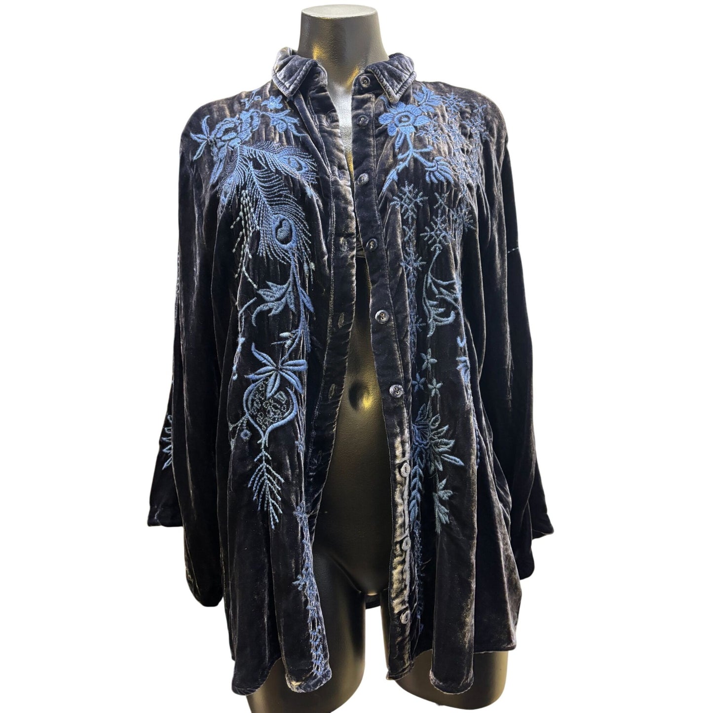 Johnny Was Embroidered Velvet Button-Up Blouse Blue M