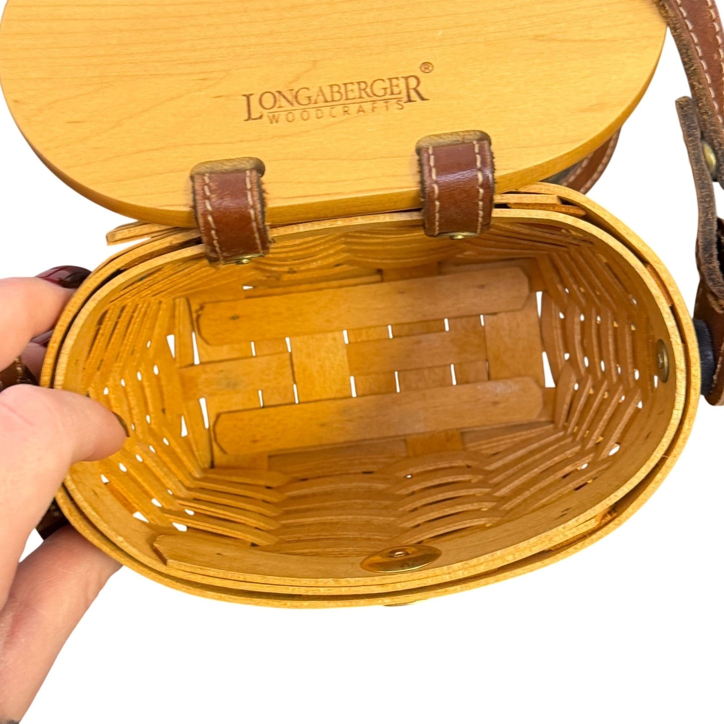 Longaberger Handwoven Basket Crossbody Purse With Leather Strap In Tan & Brown