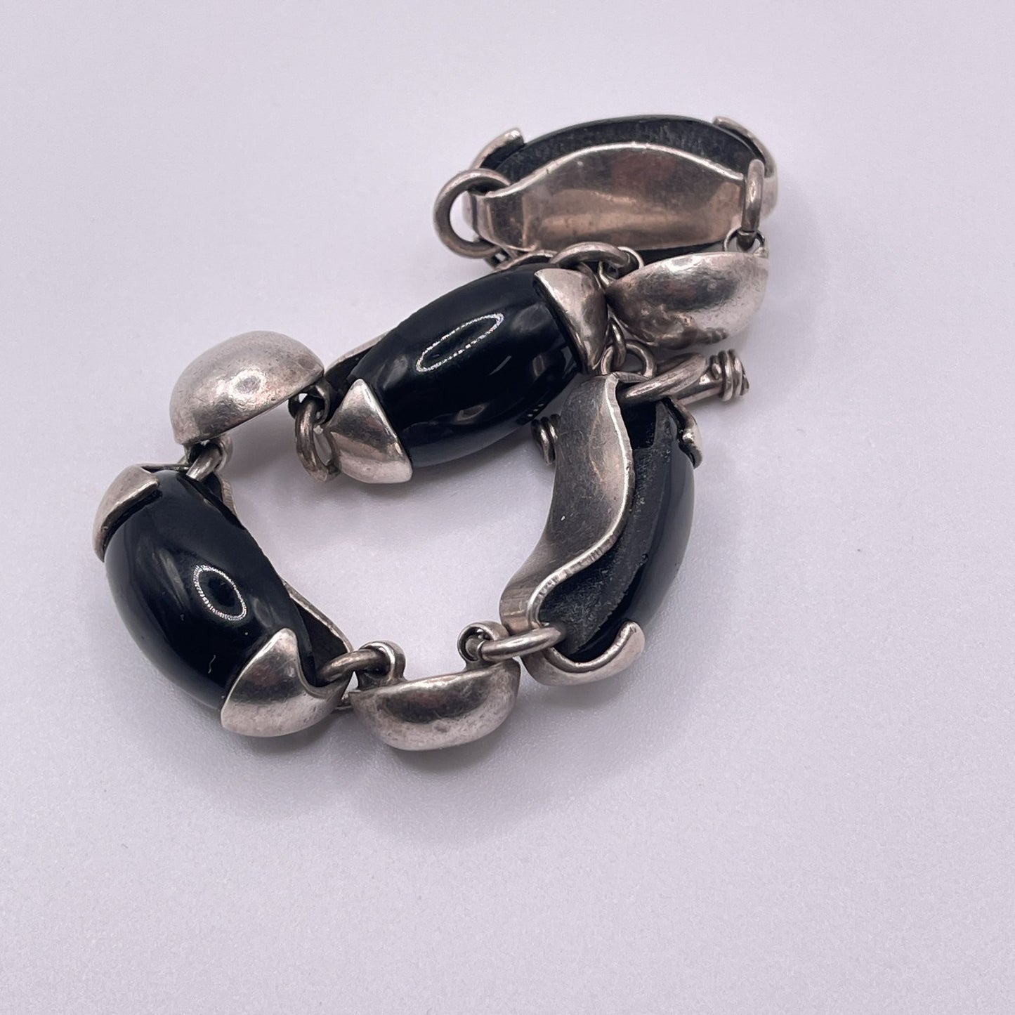 Chunky Sterling Silver 925 Black Onyx Bead Bracelet Toggle Clasp