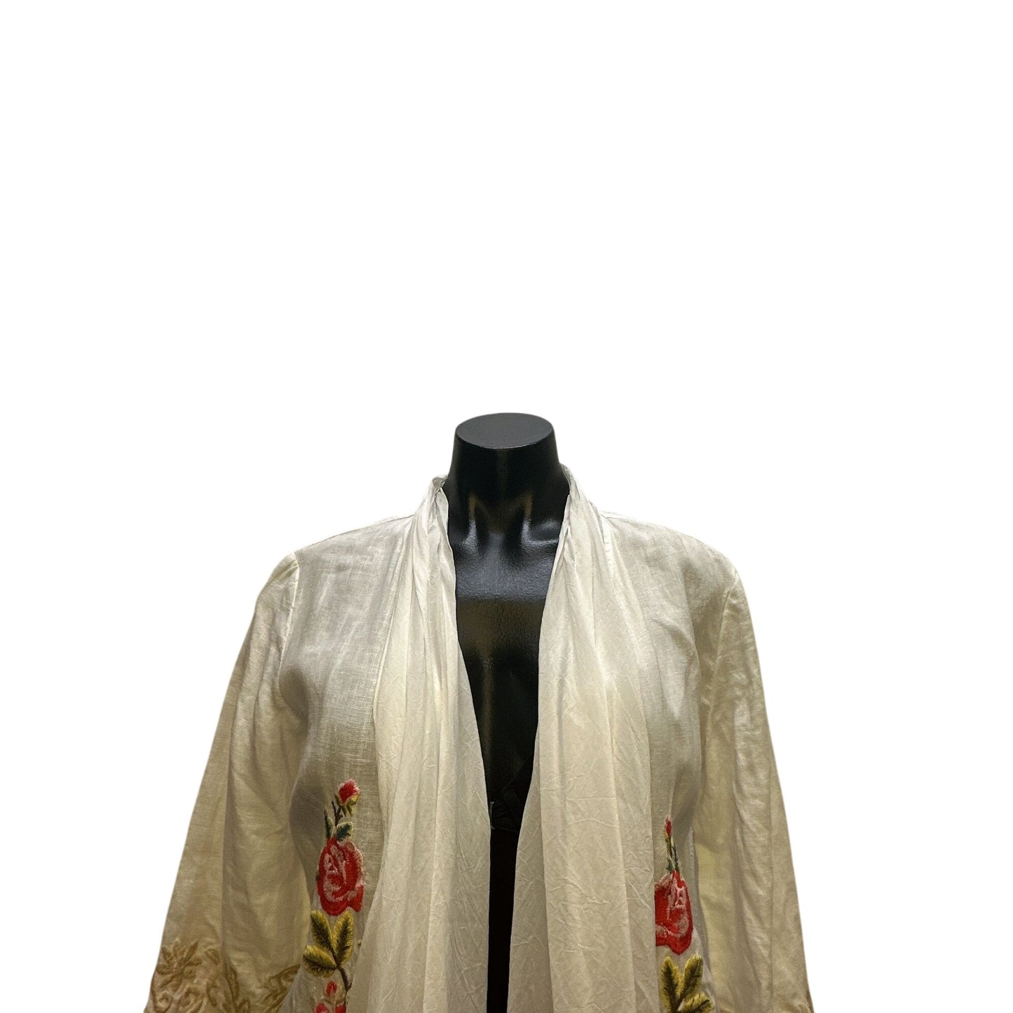 Johnny Was White Linen Open Front Cardigan w/Floral Embroidery