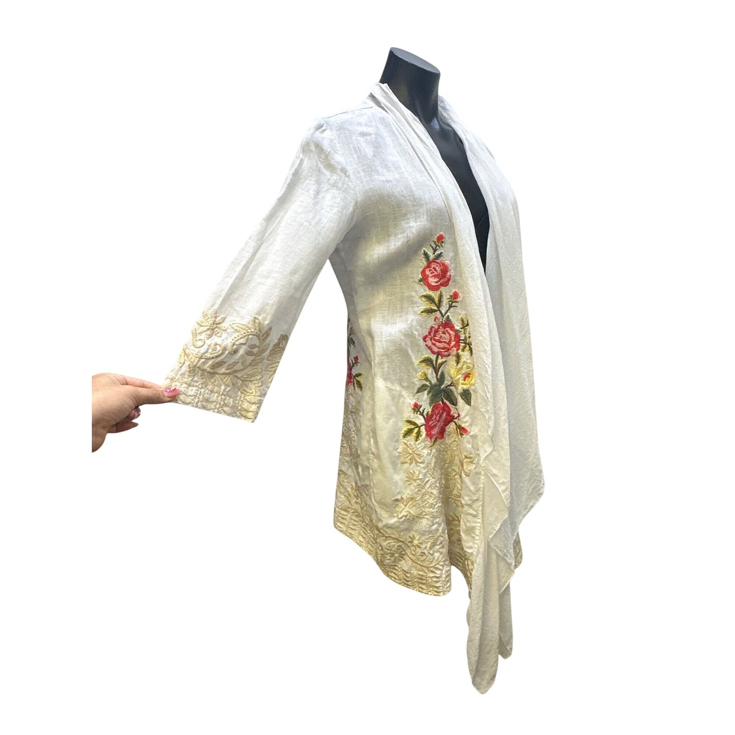 Johnny Was White Linen Open Front Cardigan w/Floral Embroidery