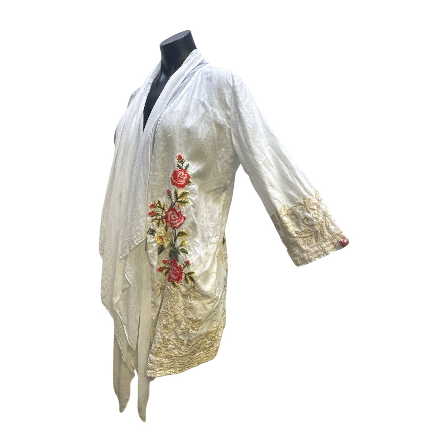 Johnny Was White Linen Open Front Cardigan w/Floral Embroidery