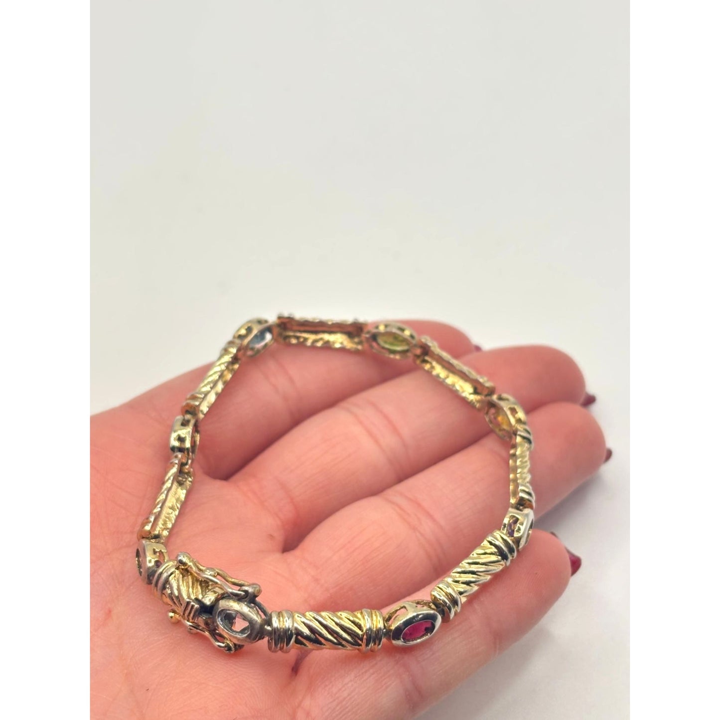 Estate TAS 925 Sterling Silver Multigem Bezel Bracelet 7" Long