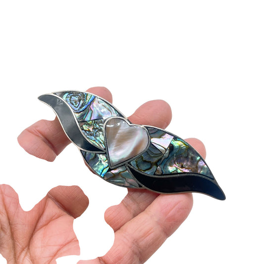 Vintage Abalone & Mother Of Pearl Heart Hair Barrette Clip Sterling Silver