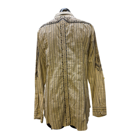 Johnny Was 3J Workshop Embroidered Button-Down Blouse Tan L