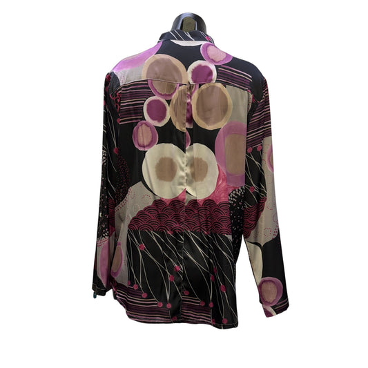 Silks By Fridaze Black Multi Abstract Print Long Sleeve Blouse L