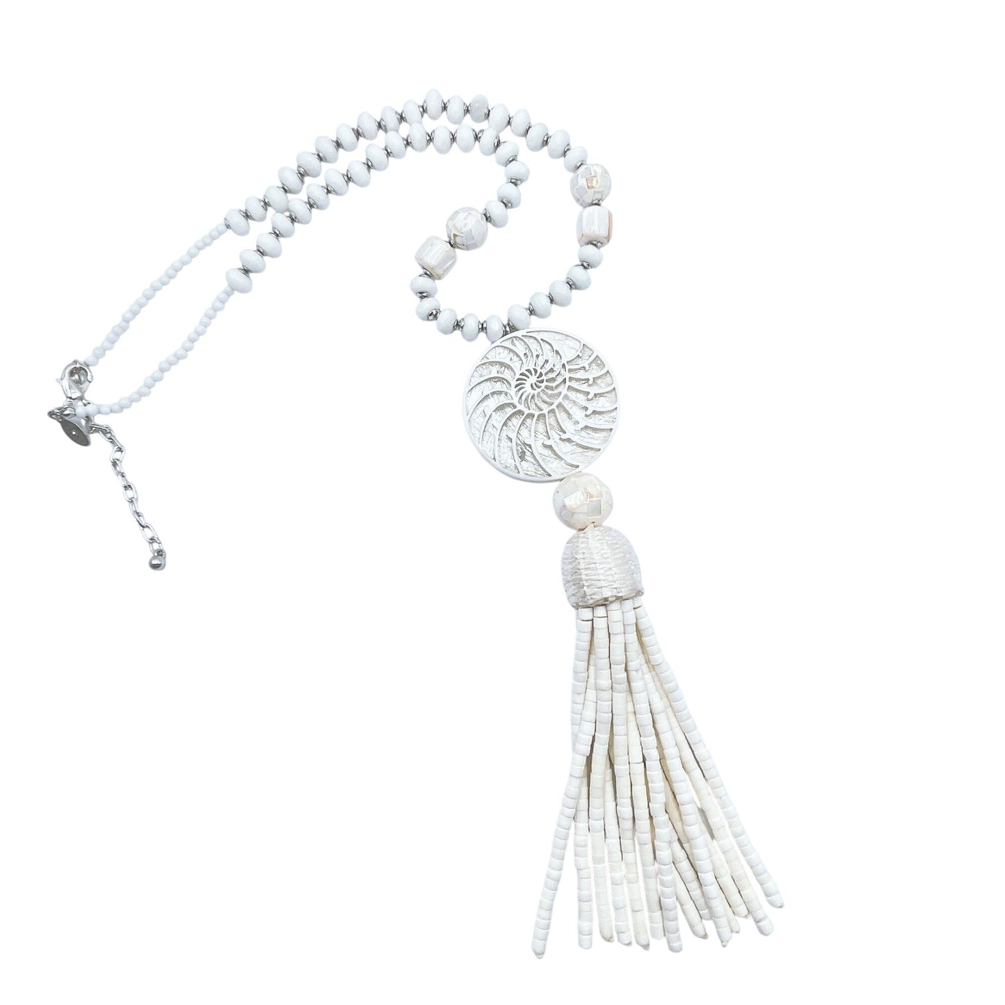 Chico's Shell Pendant Necklace With Beaded Tassel & Adjustable Chain