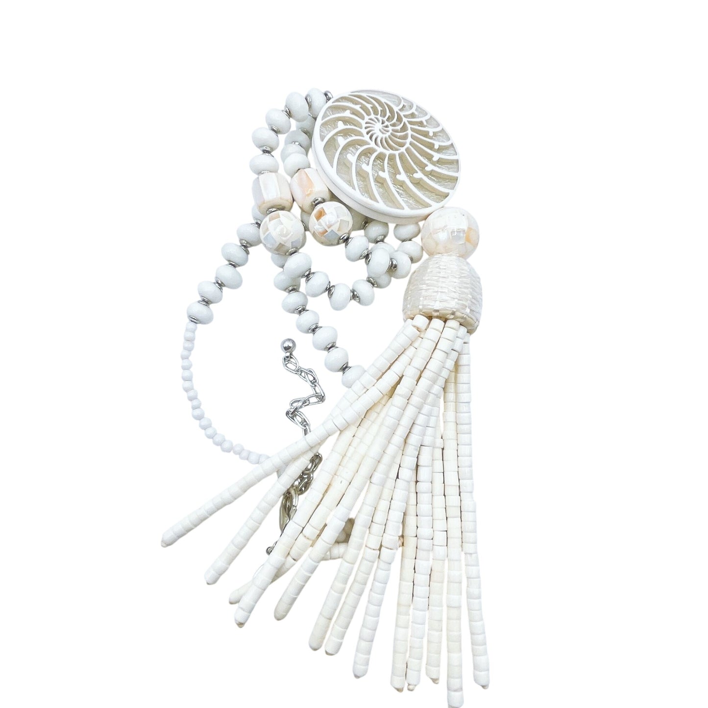 Chico's Shell Pendant Necklace With Beaded Tassel & Adjustable Chain