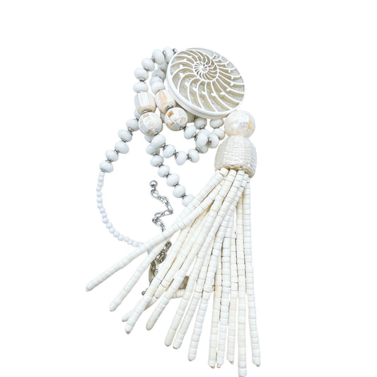 Chico's Shell Pendant Necklace With Beaded Tassel & Adjustable Chain