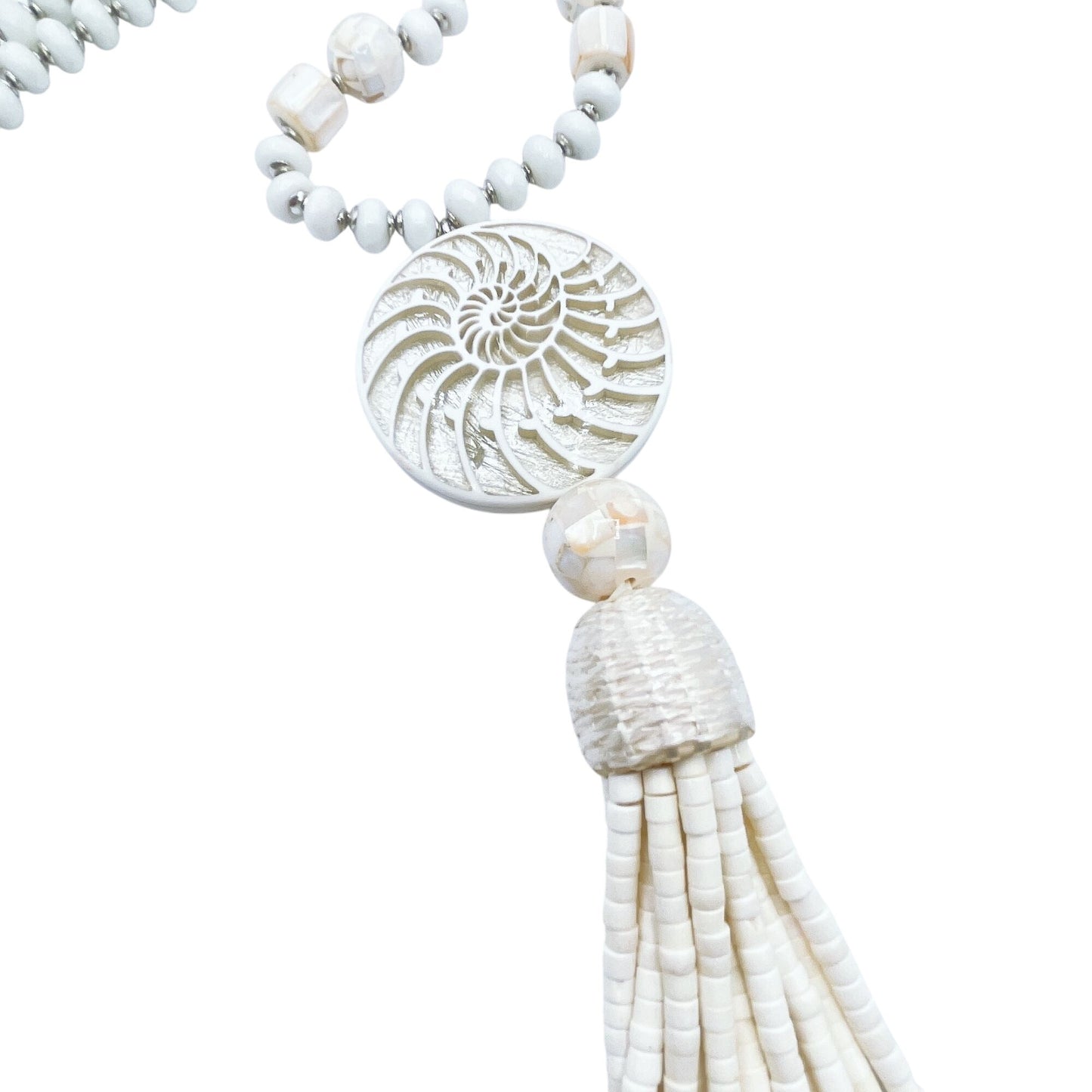 Chico's Shell Pendant Necklace With Beaded Tassel & Adjustable Chain