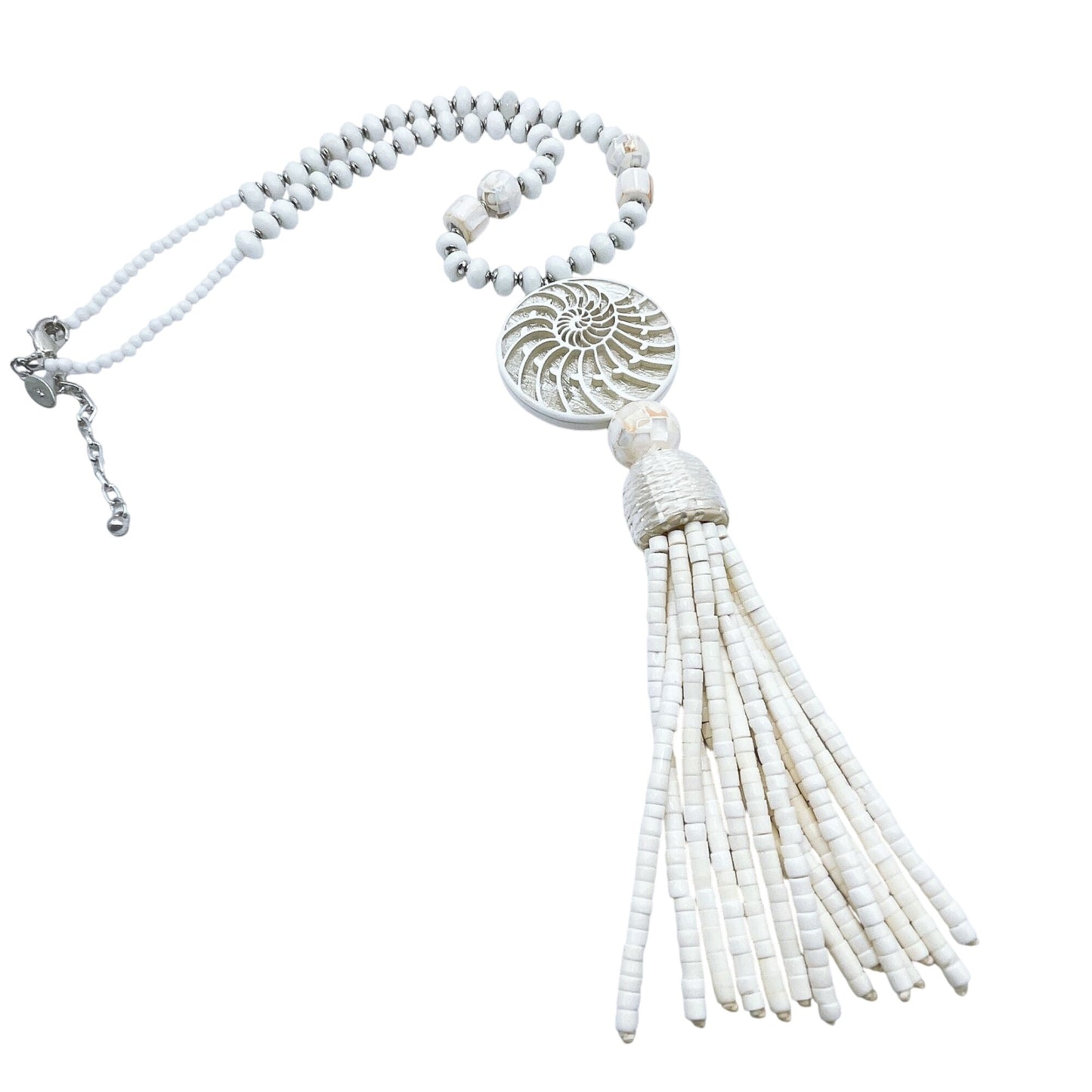 Chico's Shell Pendant Necklace With Beaded Tassel & Adjustable Chain
