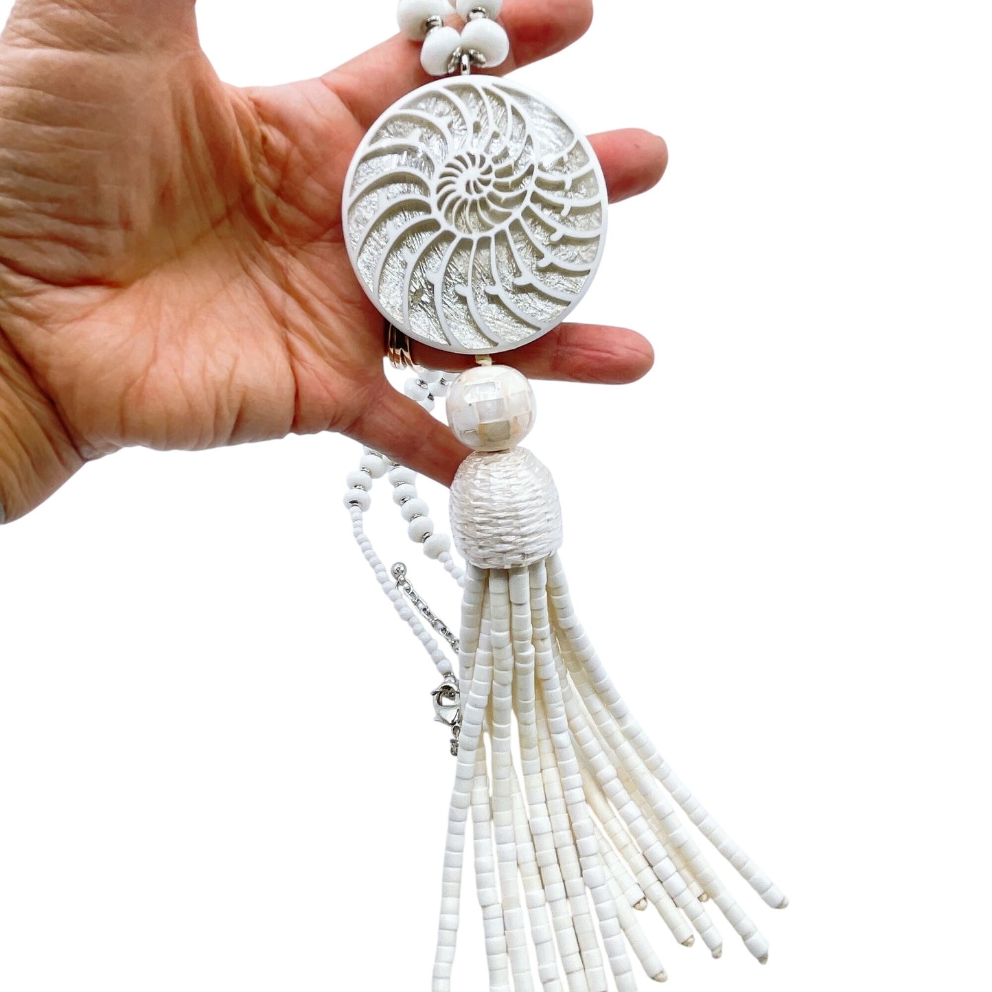 Chico's Shell Pendant Necklace With Beaded Tassel & Adjustable Chain