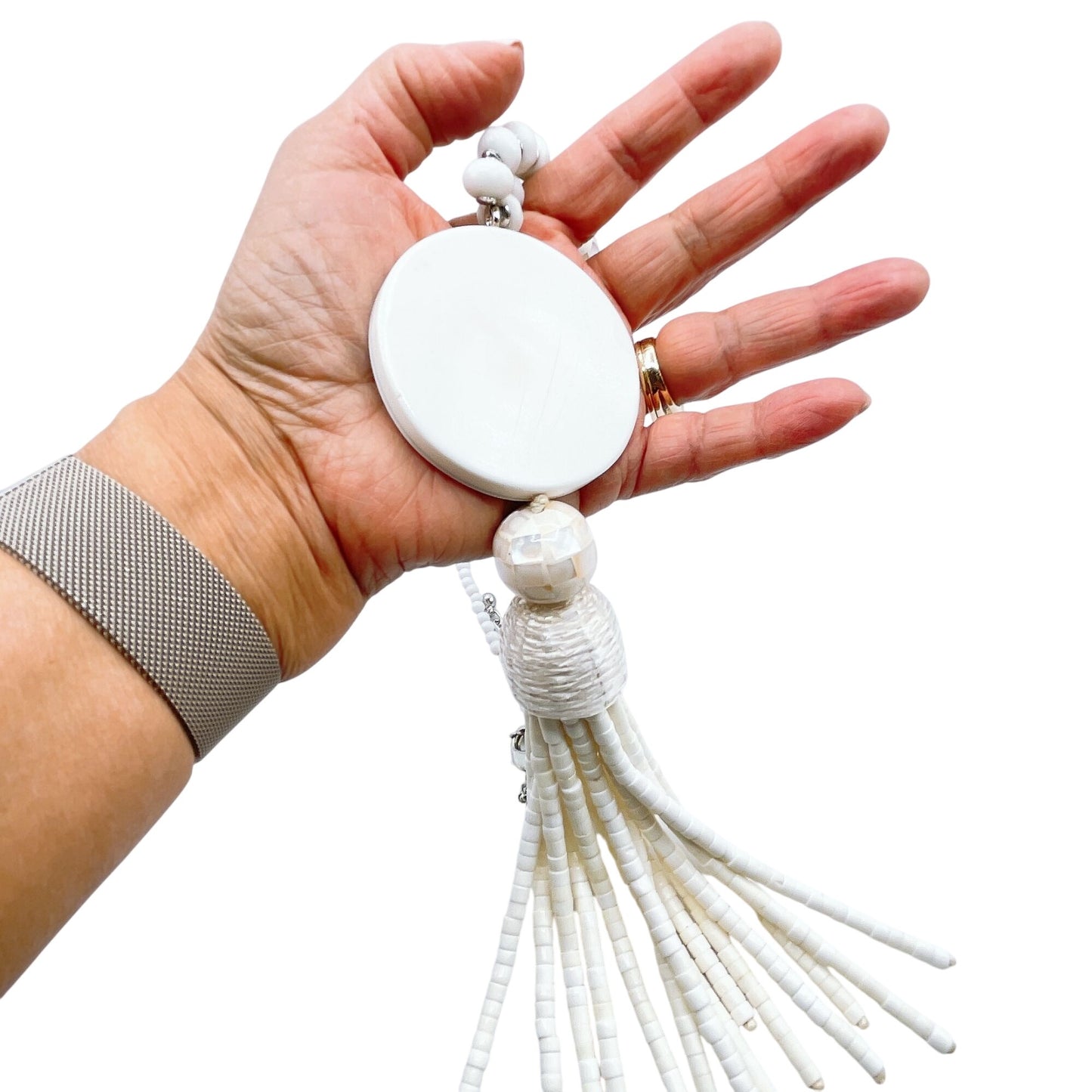 Chico's Shell Pendant Necklace With Beaded Tassel & Adjustable Chain