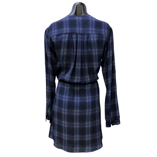 Rebecca Taylor Silk Blend Plaid Long Sleeve Tie Waist Dress Navy Purple 2