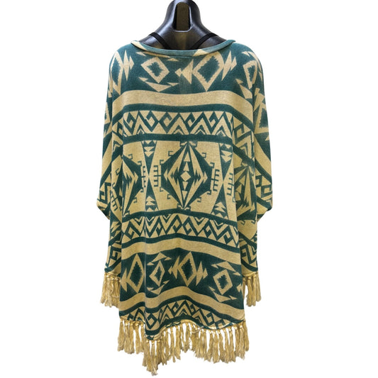 Tasha Polizzi Collection Cream & Teal Aztec Print Poncho Blouse L/XL Tassel Fringe Hem