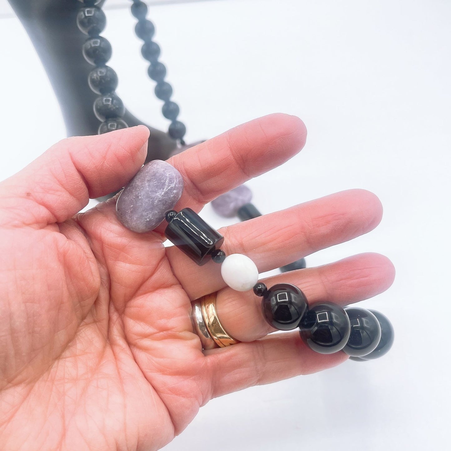 Black White Levander Natural Stones Beads Necklace Medium
