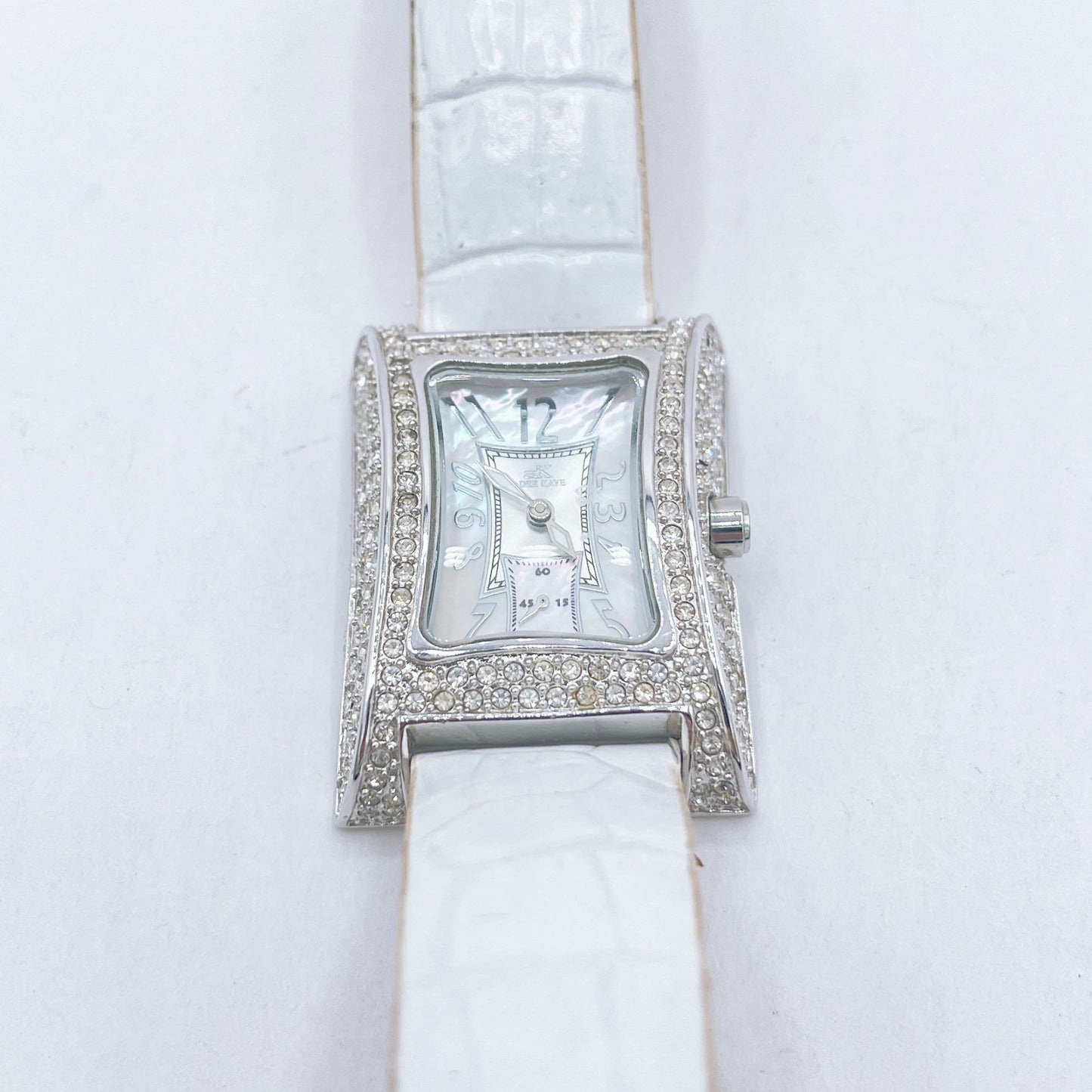 Adee Kaye Silver Swarovski Crystals Mother of Pearl Rectangle Face Stainless Steel White Leather Quartz Watch