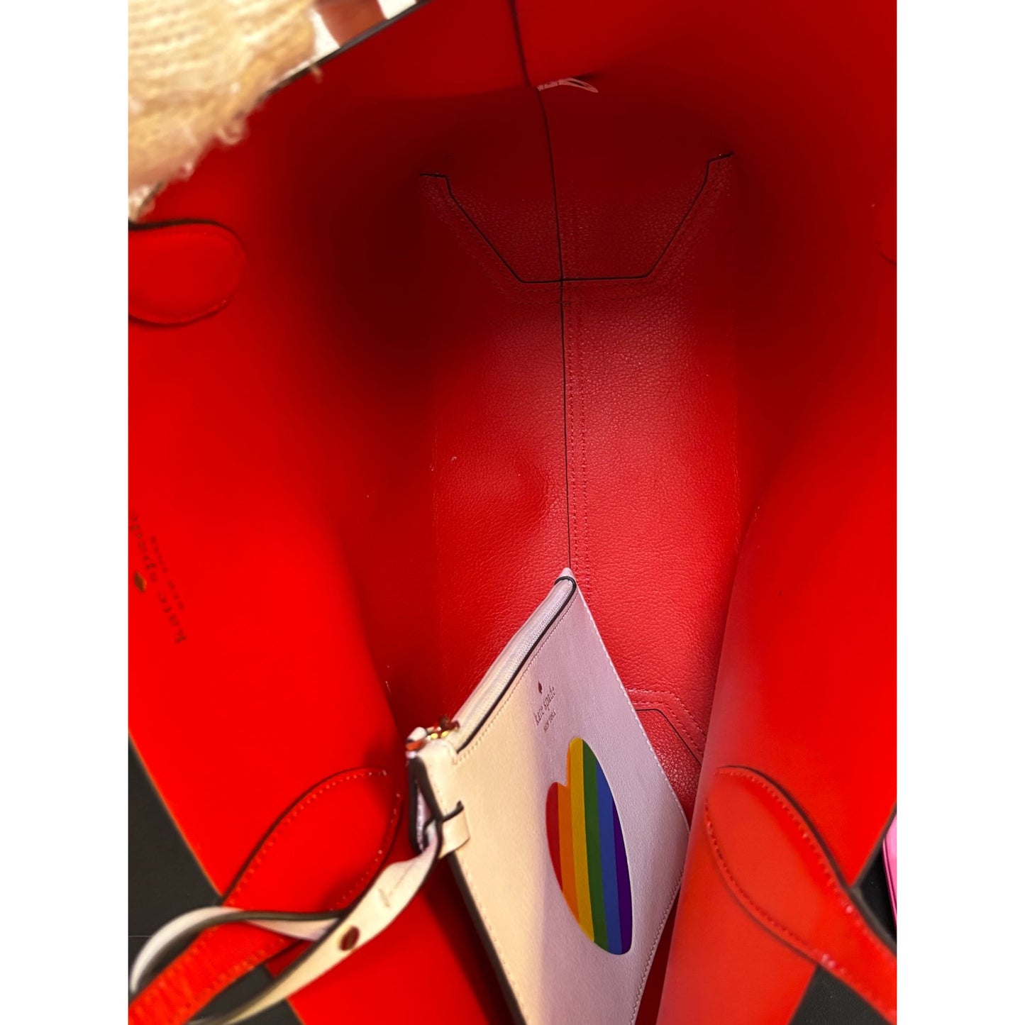 Kate Spade New York Rainbow Striped Leather Tote Bag With Red & White Handles