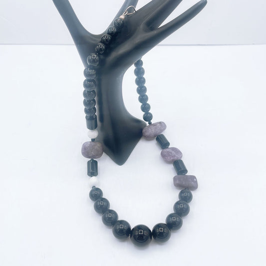 Black White Levander Natural Stones Beads Necklace Medium