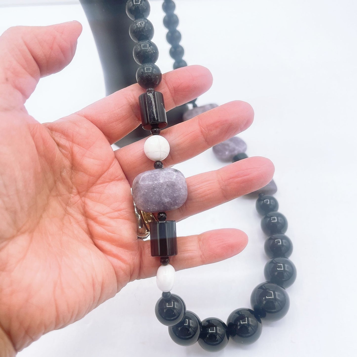 Black White Levander Natural Stones Beads Necklace Medium