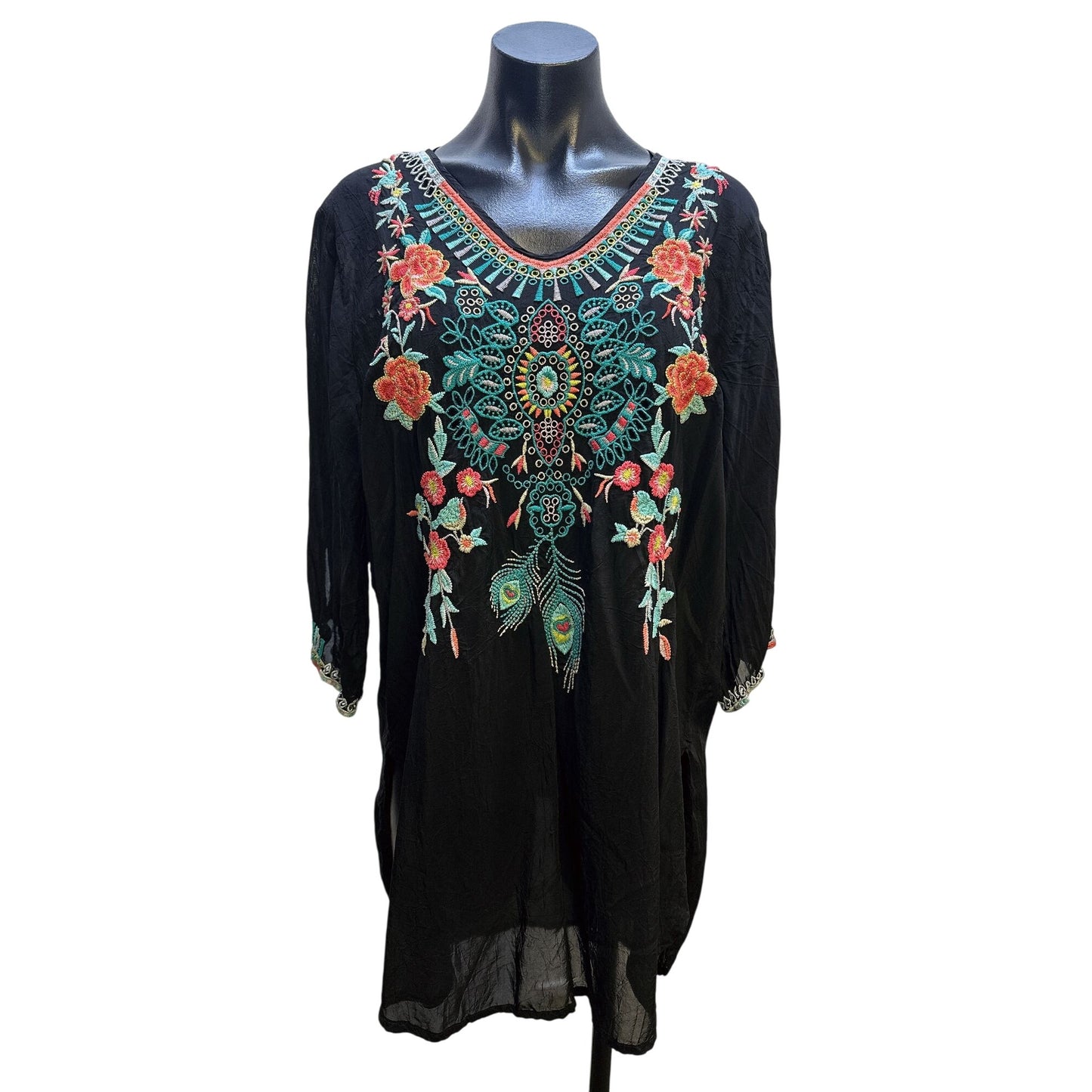 Johnny Was Boho Black Tunic Blouse w/Floral Embroidery Size L