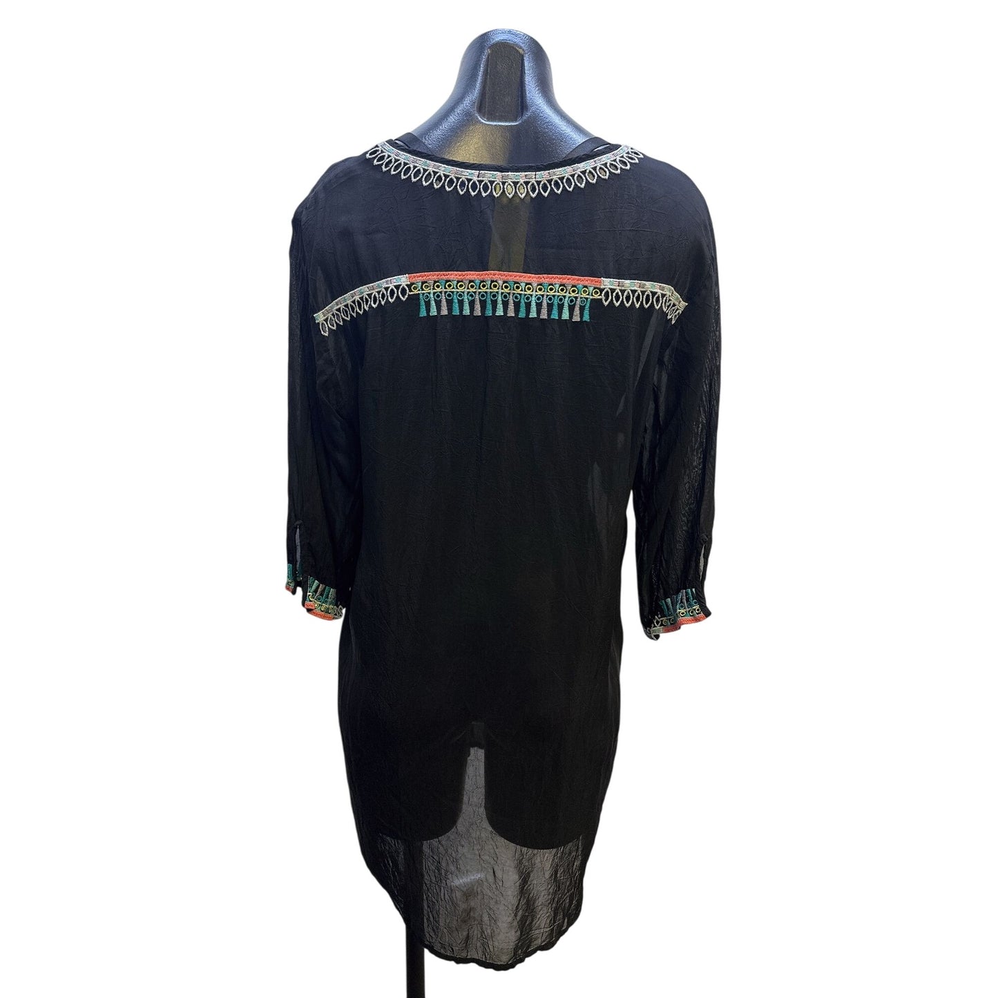 Johnny Was Boho Black Tunic Blouse w/Floral Embroidery Size L