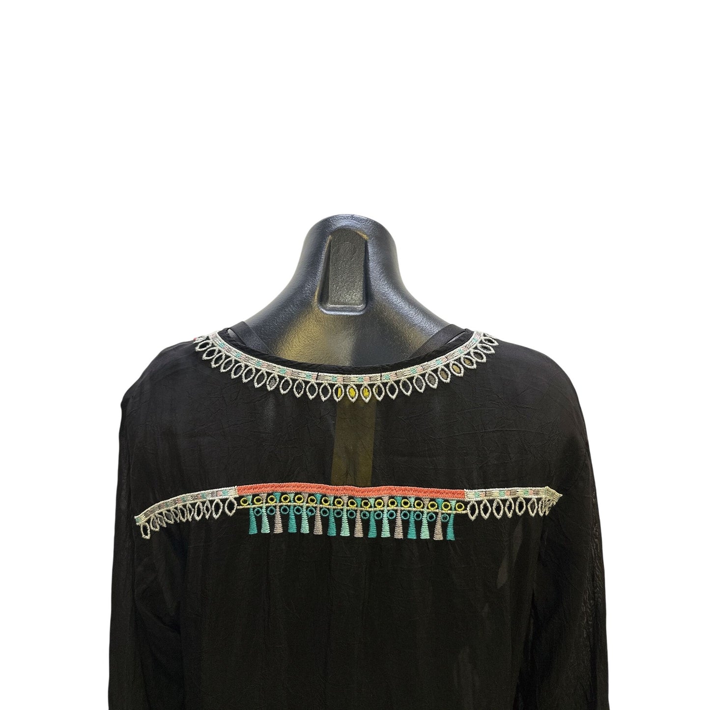 Johnny Was Boho Black Tunic Blouse w/Floral Embroidery Size L