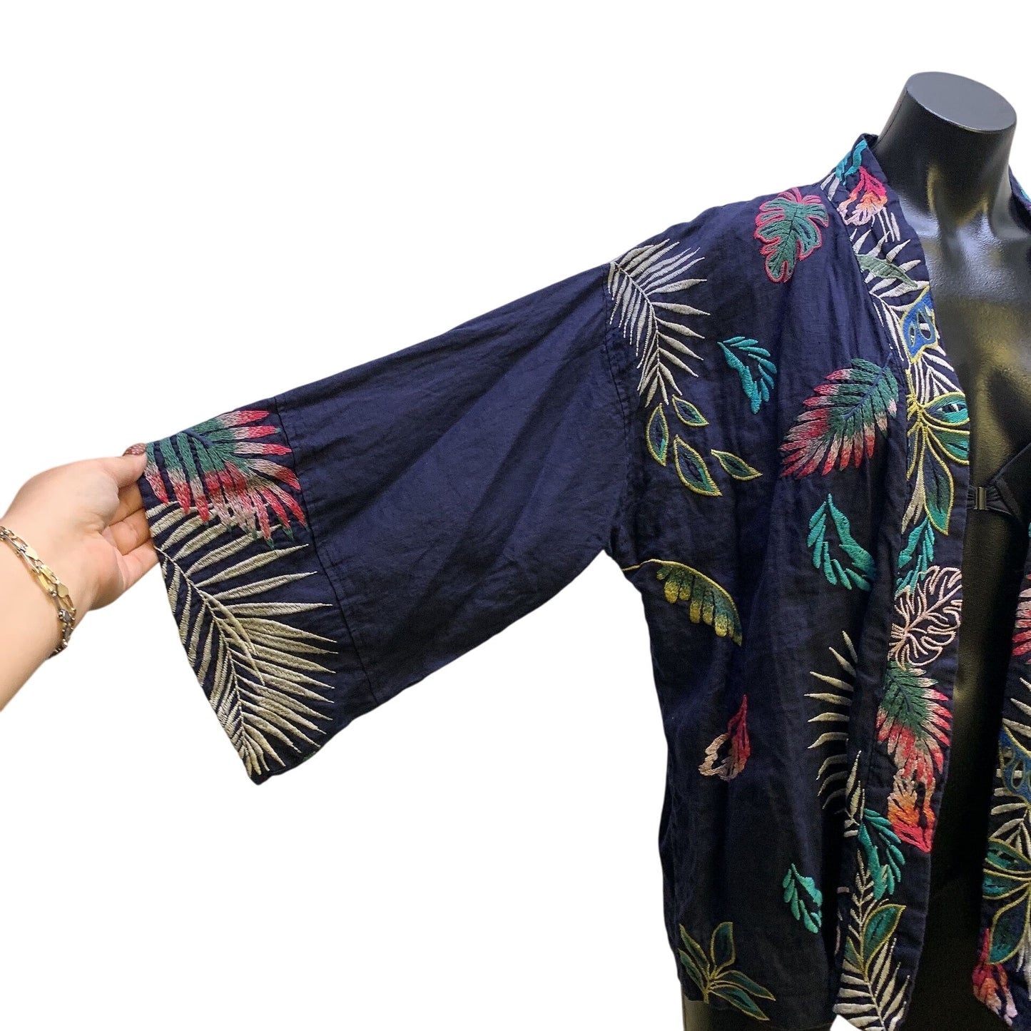 NWT Johnny Was Navy Floral Embroidered Open-Front Kimono L