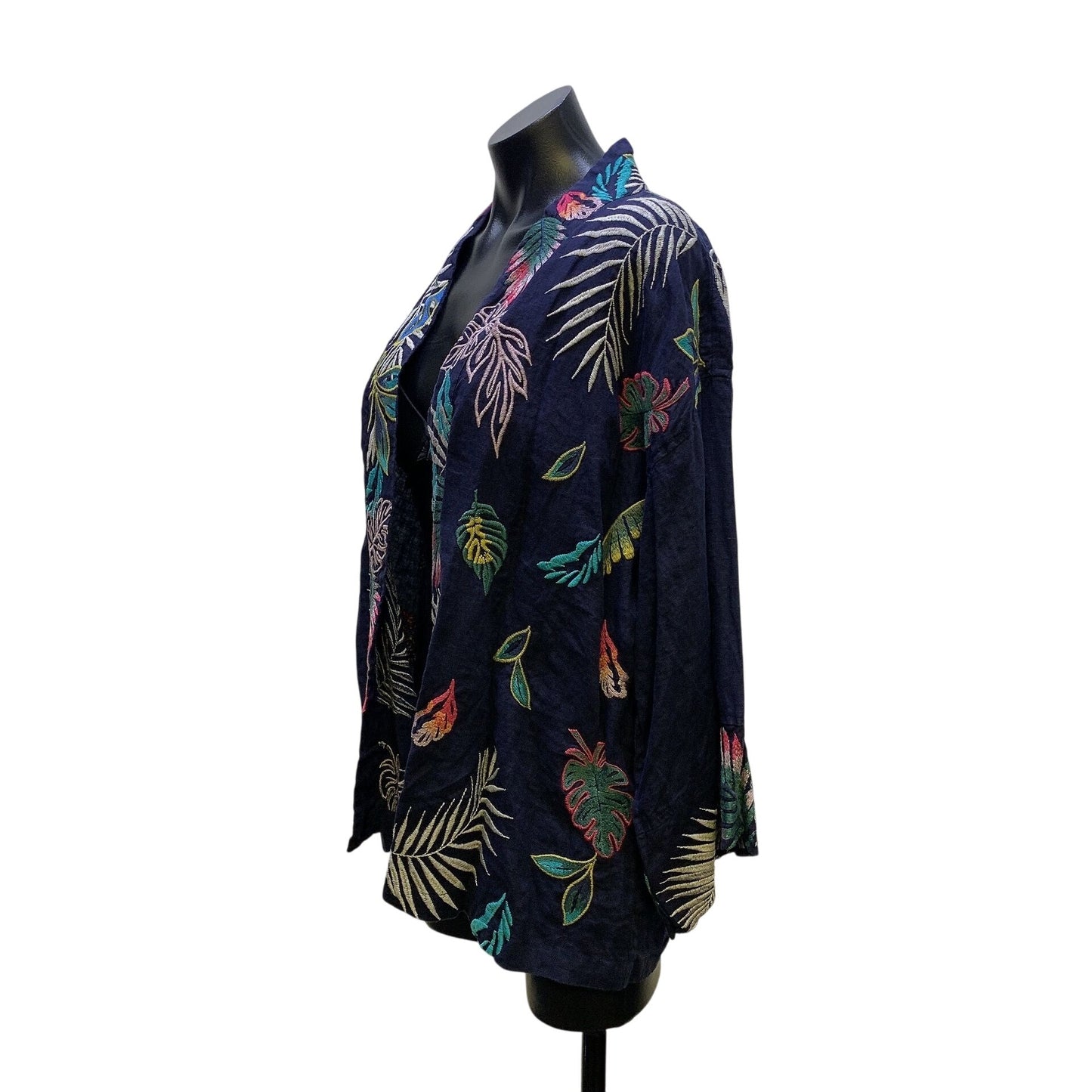 NWT Johnny Was Navy Floral Embroidered Open-Front Kimono L
