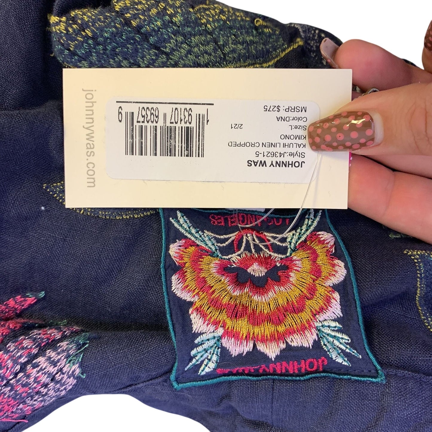 NWT Johnny Was Navy Floral Embroidered Open-Front Kimono L