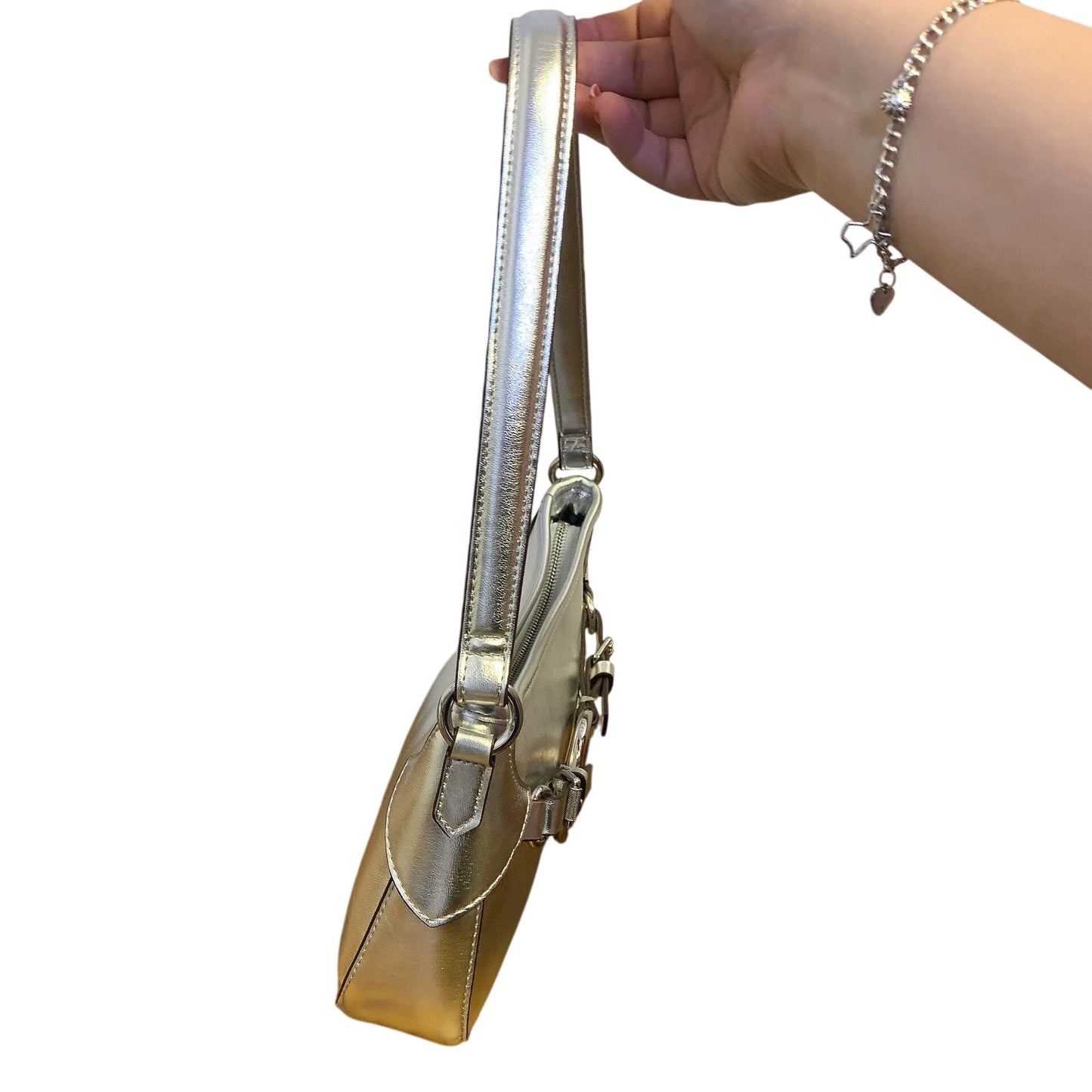 Vince Camuto Silver Metallic Shoulder Bag With Belt Detailing