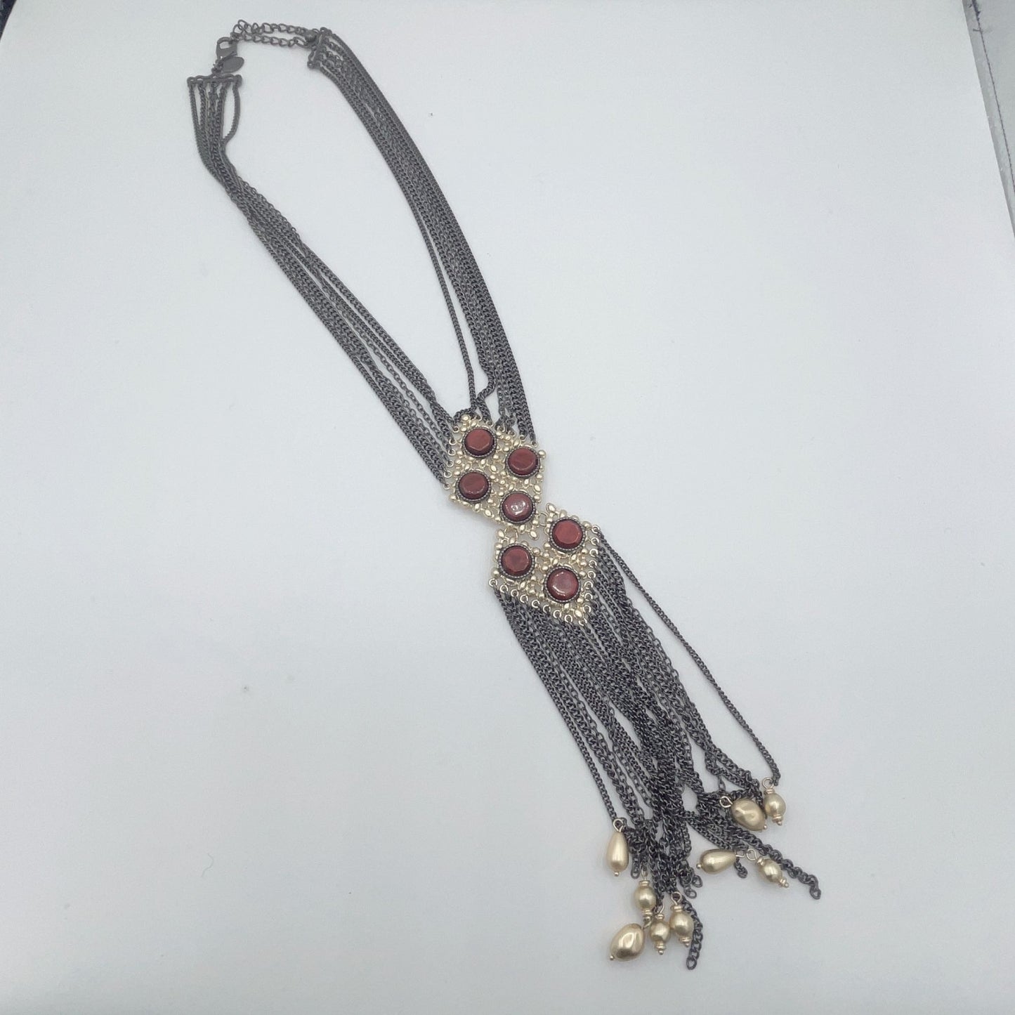 Chico's Black Chain Multi-Layered Brown Stones Necklace Long