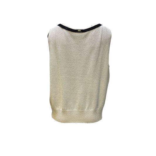 NWT St. John Sport Beige Knit Sleeveless Tank Top w/Black Trim Scoop Neckline