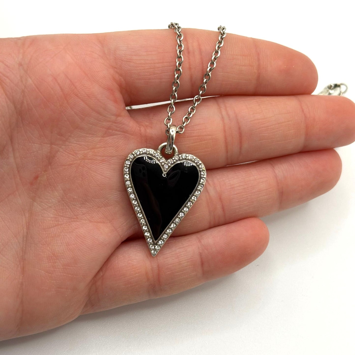 Brighton Dazzling Love Heart Necklace Black Crystal Reversible Silver Tone