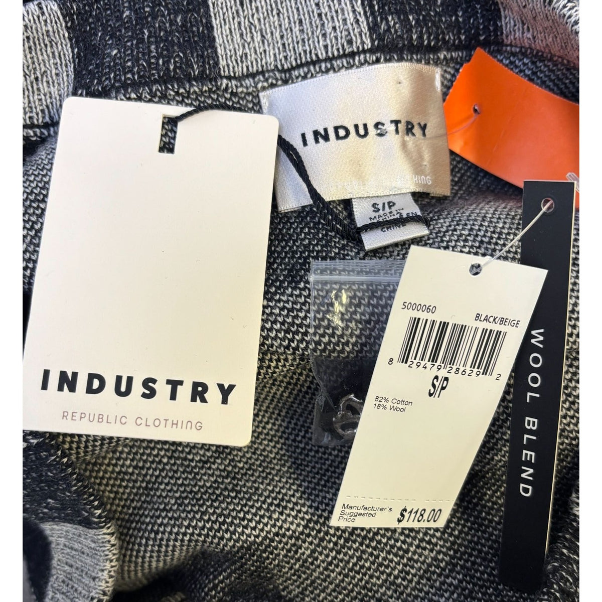 NWT Industry Plaid Cardigan Black Beige Wool Blend S