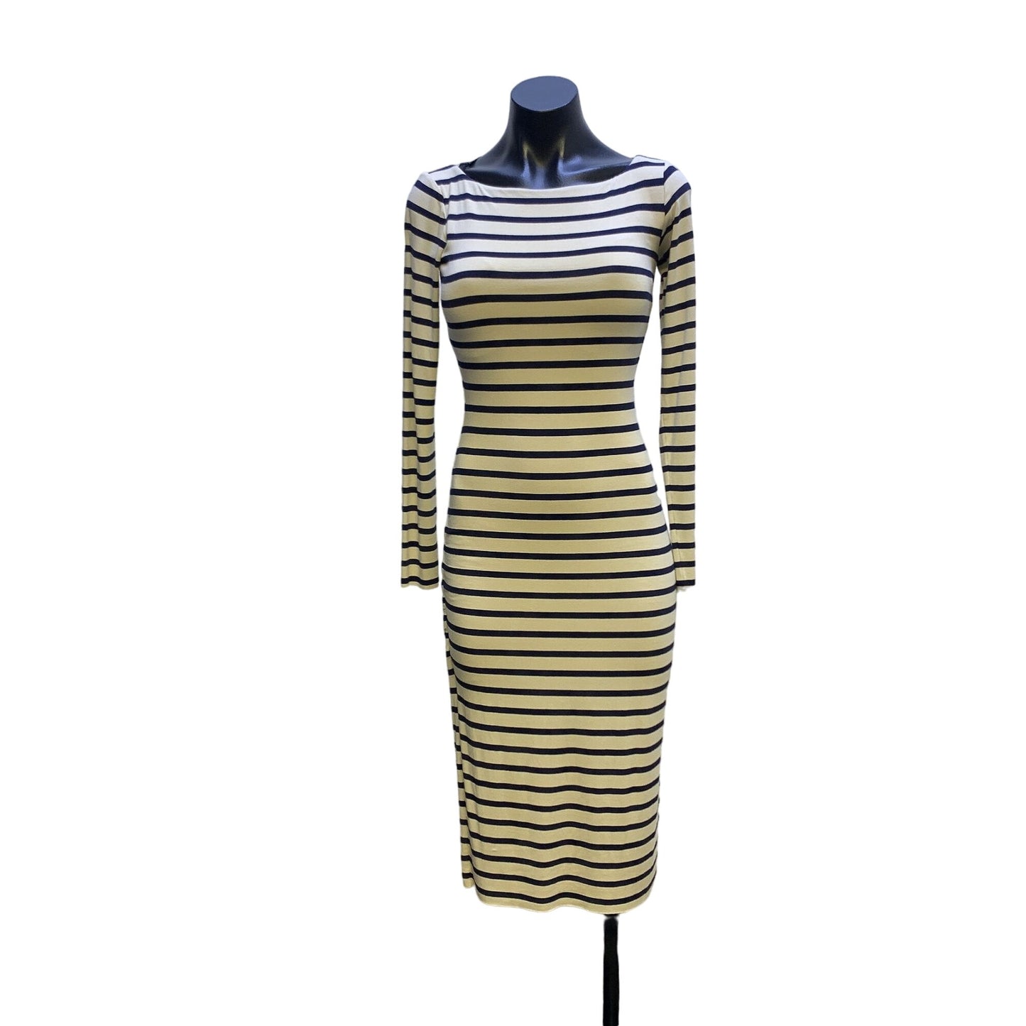 Nadia Tarr Navy & Cream Striped Long Sleeve Midi Dress Size Medium