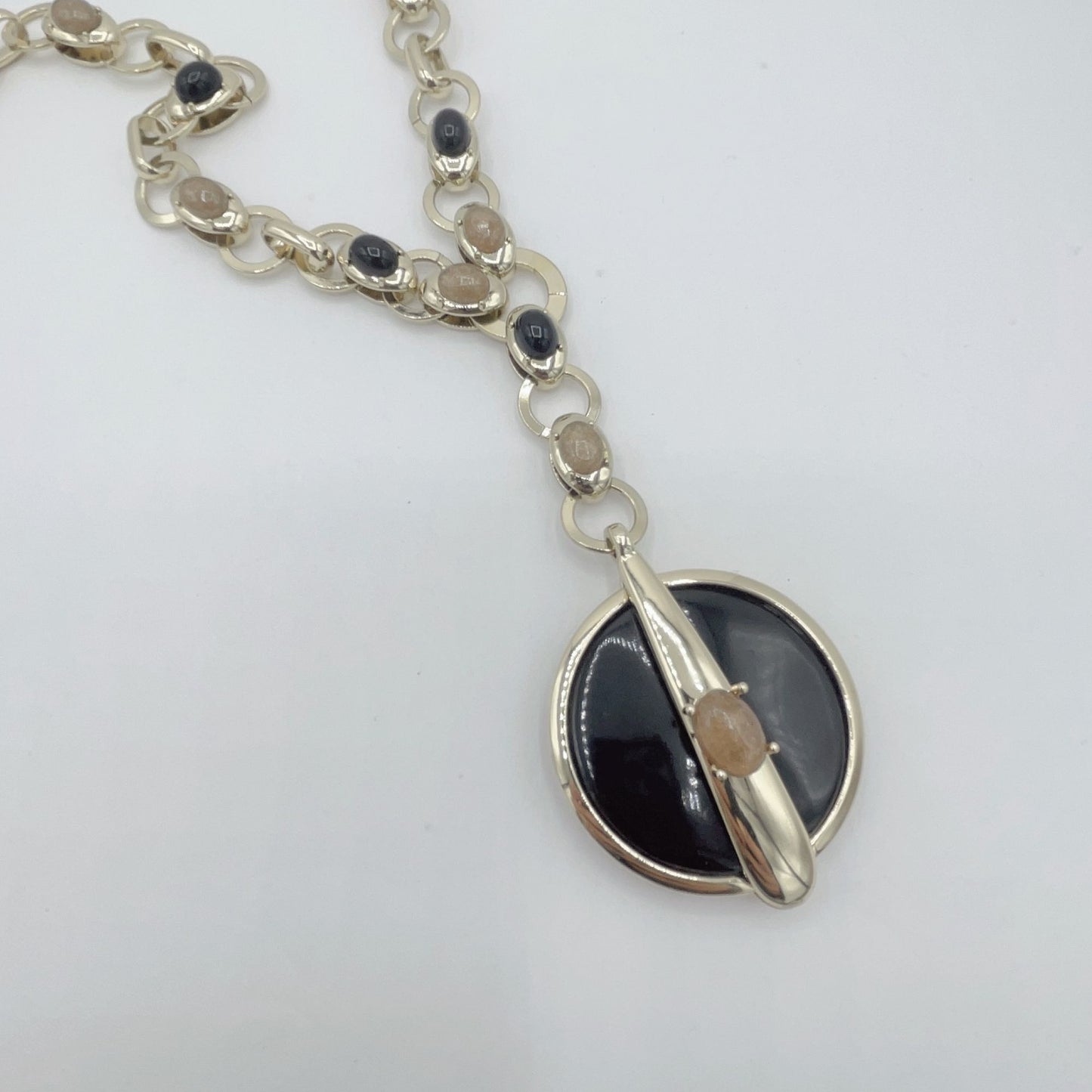 Chico's Gold Tone Brown Black Stones Round Necklace Chunky