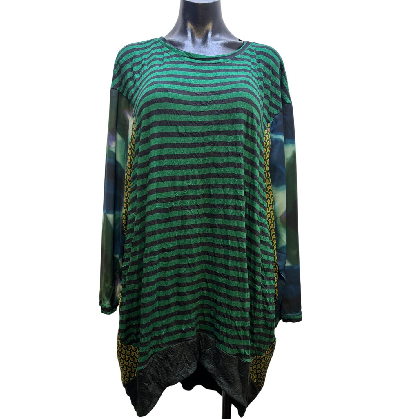Alembika Green Black Striped Long Sleeve Blouse M