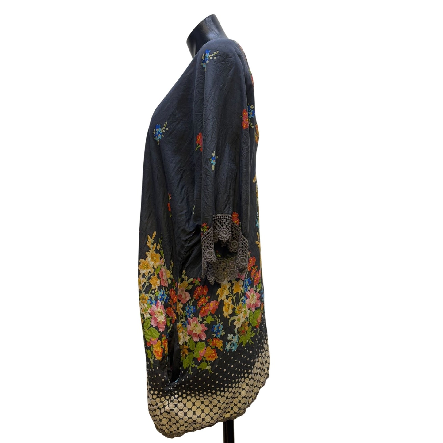 Johnny Was Floral & Polka Dot Tunic Blouse Navy XL