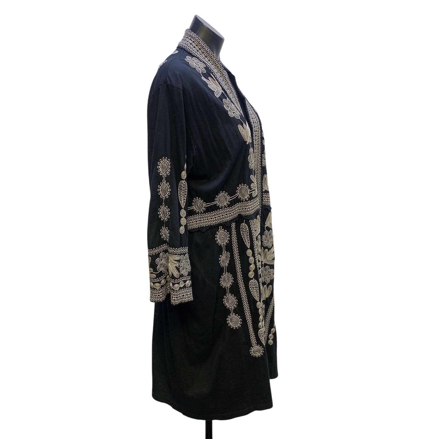 Johnny Was Black Open Front Boho Kimono Jacket W/Floral Embroidery Size L