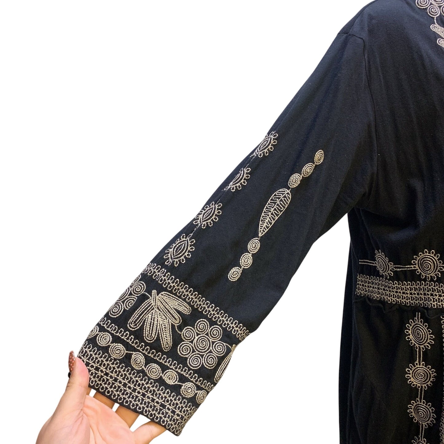 Johnny Was Black Open Front Boho Kimono Jacket W/Floral Embroidery Size L