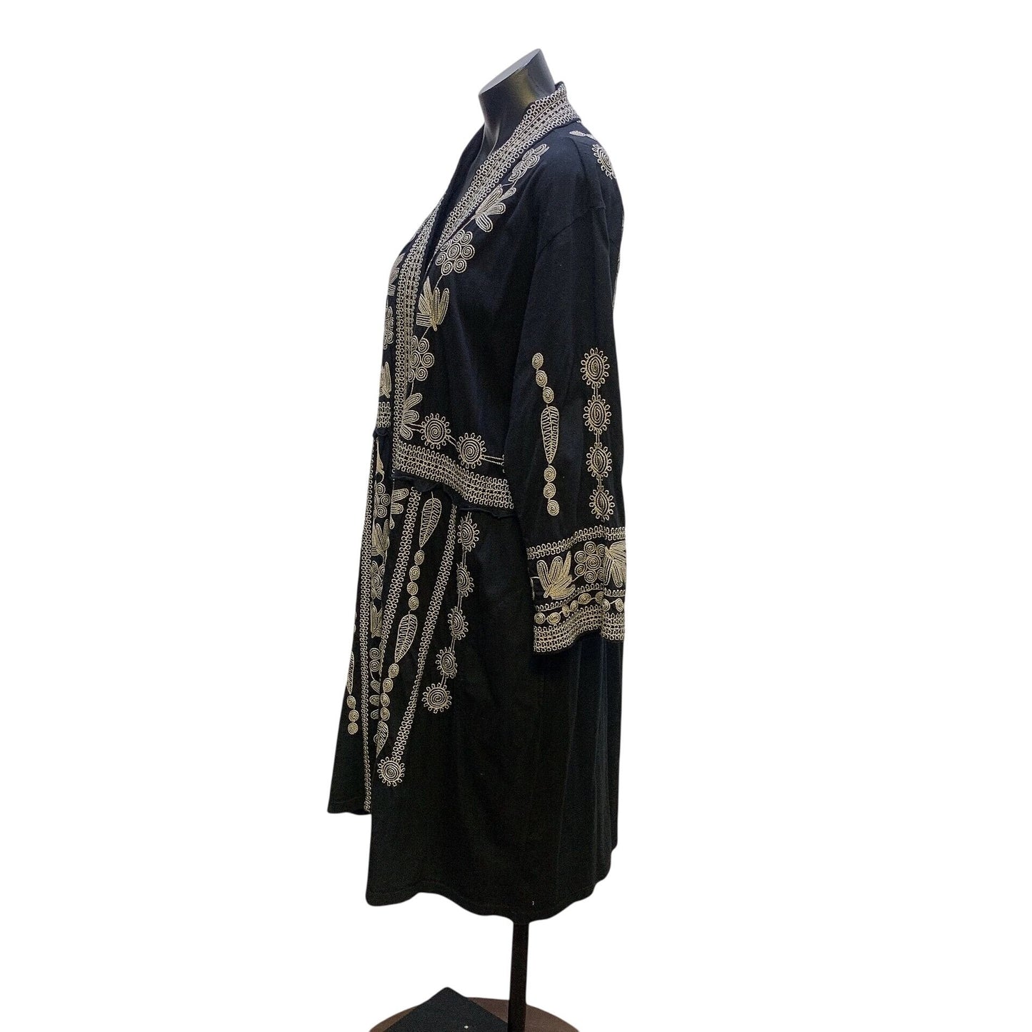 Johnny Was Black Open Front Boho Kimono Jacket W/Floral Embroidery Size L