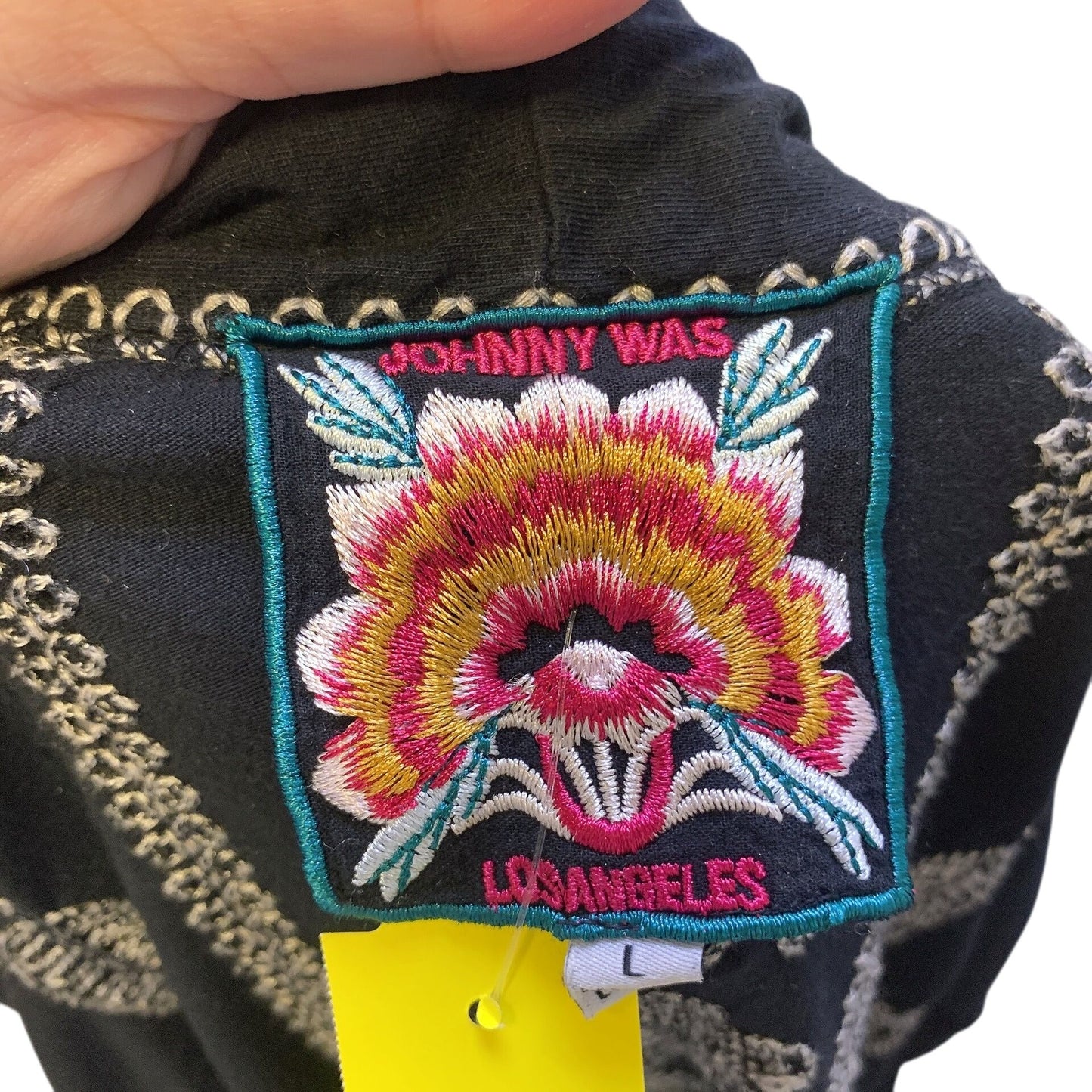 Johnny Was Black Open Front Boho Kimono Jacket W/Floral Embroidery Size L