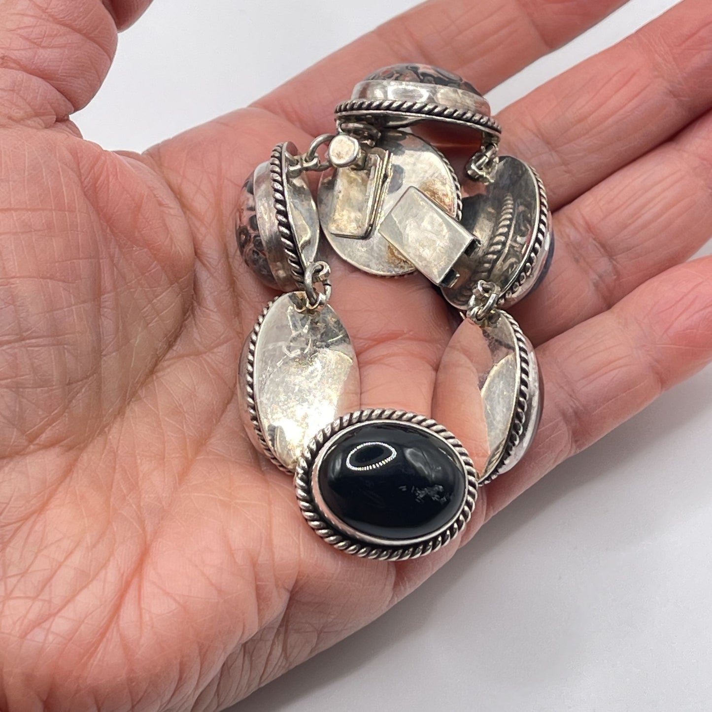 Sterling Silver 925 Multi-Stone Bracelet Jasper Malachite Sodalite & Onyx Rope-Edged