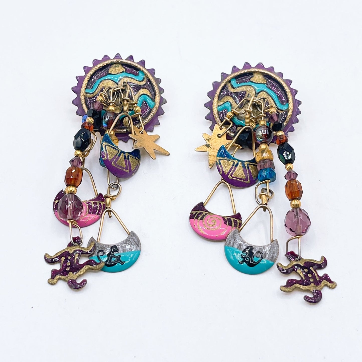 Lunch At The Ritz Vintage Artisan Earrings Sunburst Design Colorful Dangles & Charms