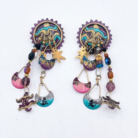 Lunch At The Ritz Vintage Artisan Earrings Sunburst Design Colorful Dangles & Charms