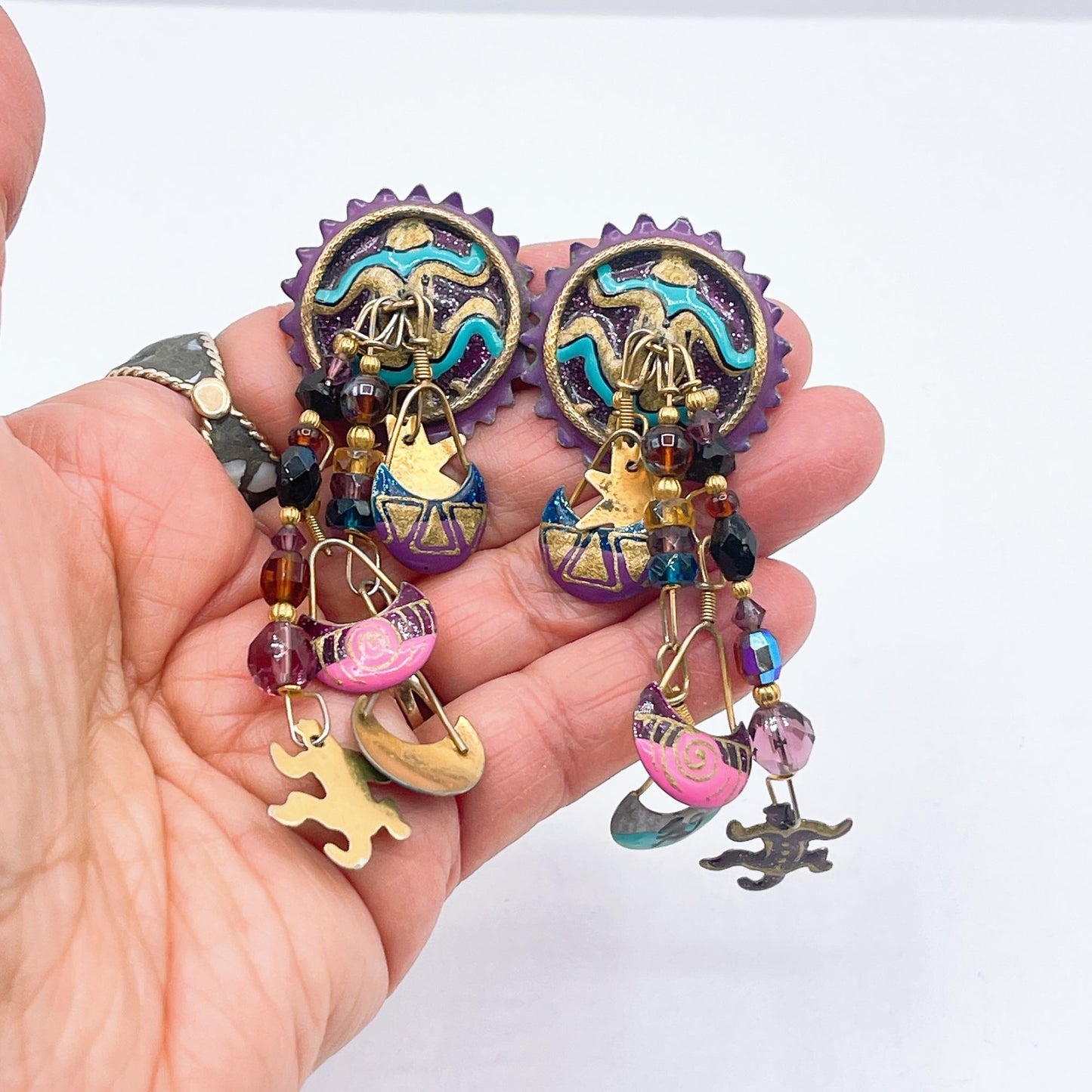 Lunch At The Ritz Vintage Artisan Earrings Sunburst Design Colorful Dangles & Charms