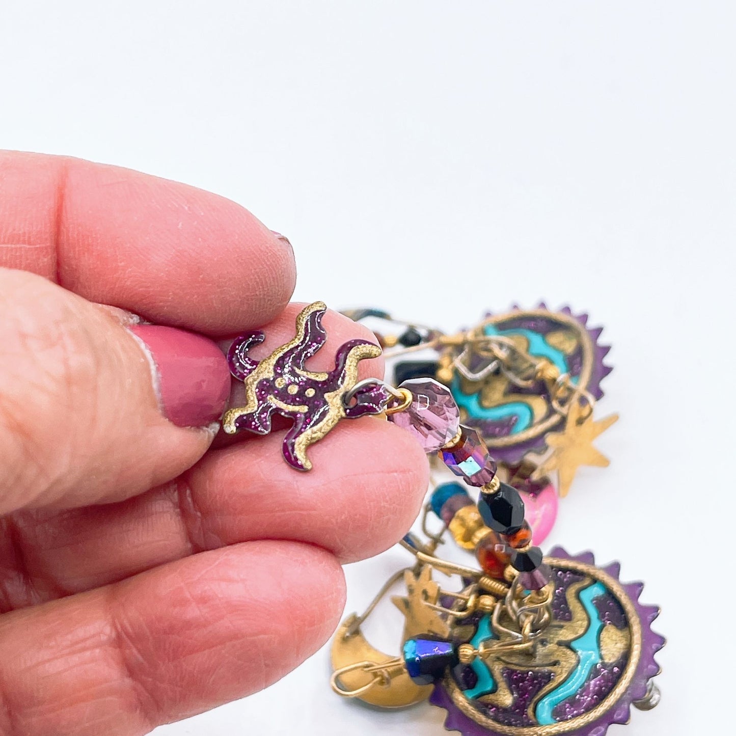 Lunch At The Ritz Vintage Artisan Earrings Sunburst Design Colorful Dangles & Charms