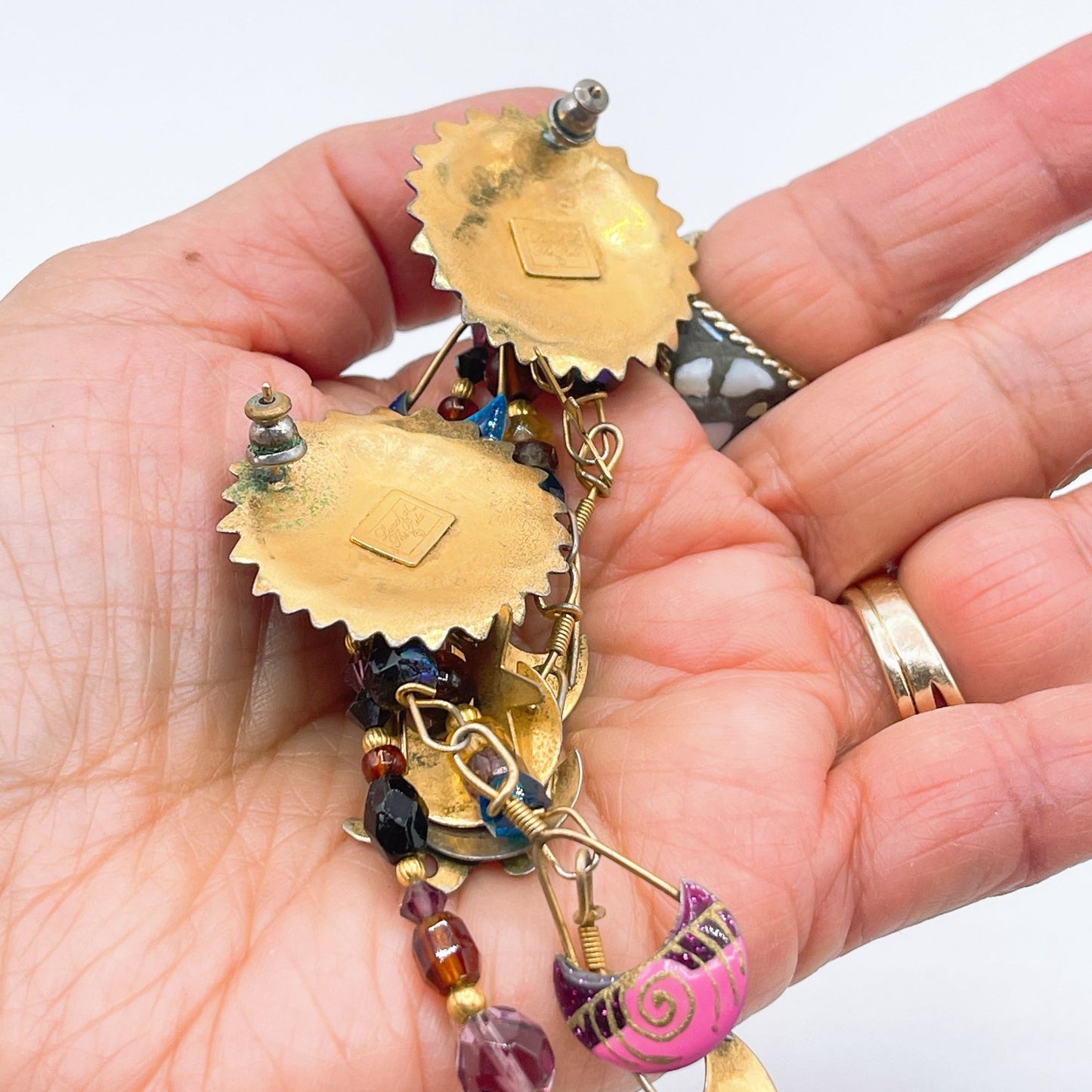 Lunch At The Ritz Vintage Artisan Earrings Sunburst Design Colorful Dangles & Charms
