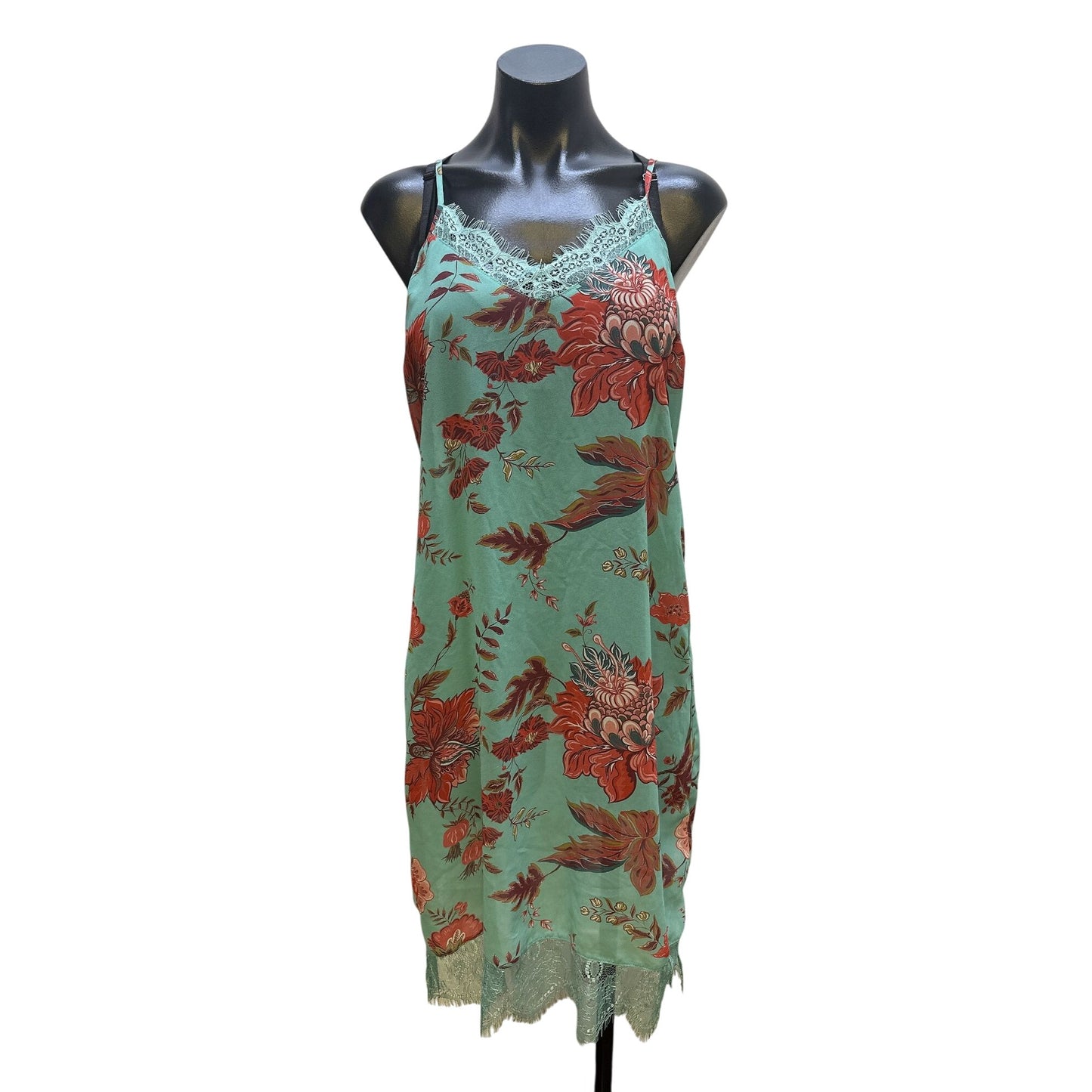 Soft Surroundings Aqua & Red Floral Lace-Trim Slip/Matching Maxi Dress Set Size S
